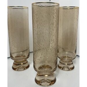 Set Of 3 Amber Seeded Glass Champagne Flutes Gold Rim Skinny Boho MCM
